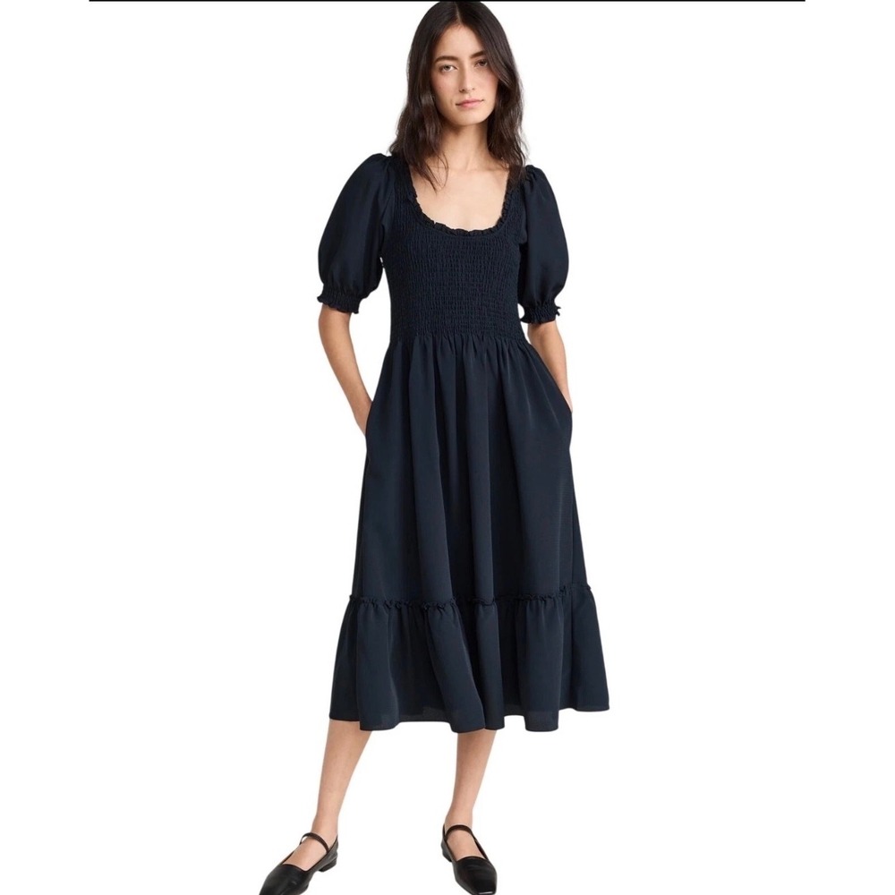 Hill House Home Louisa Nap Dress XL Black Cotton Smocked Puff Sleeve Midi NWT